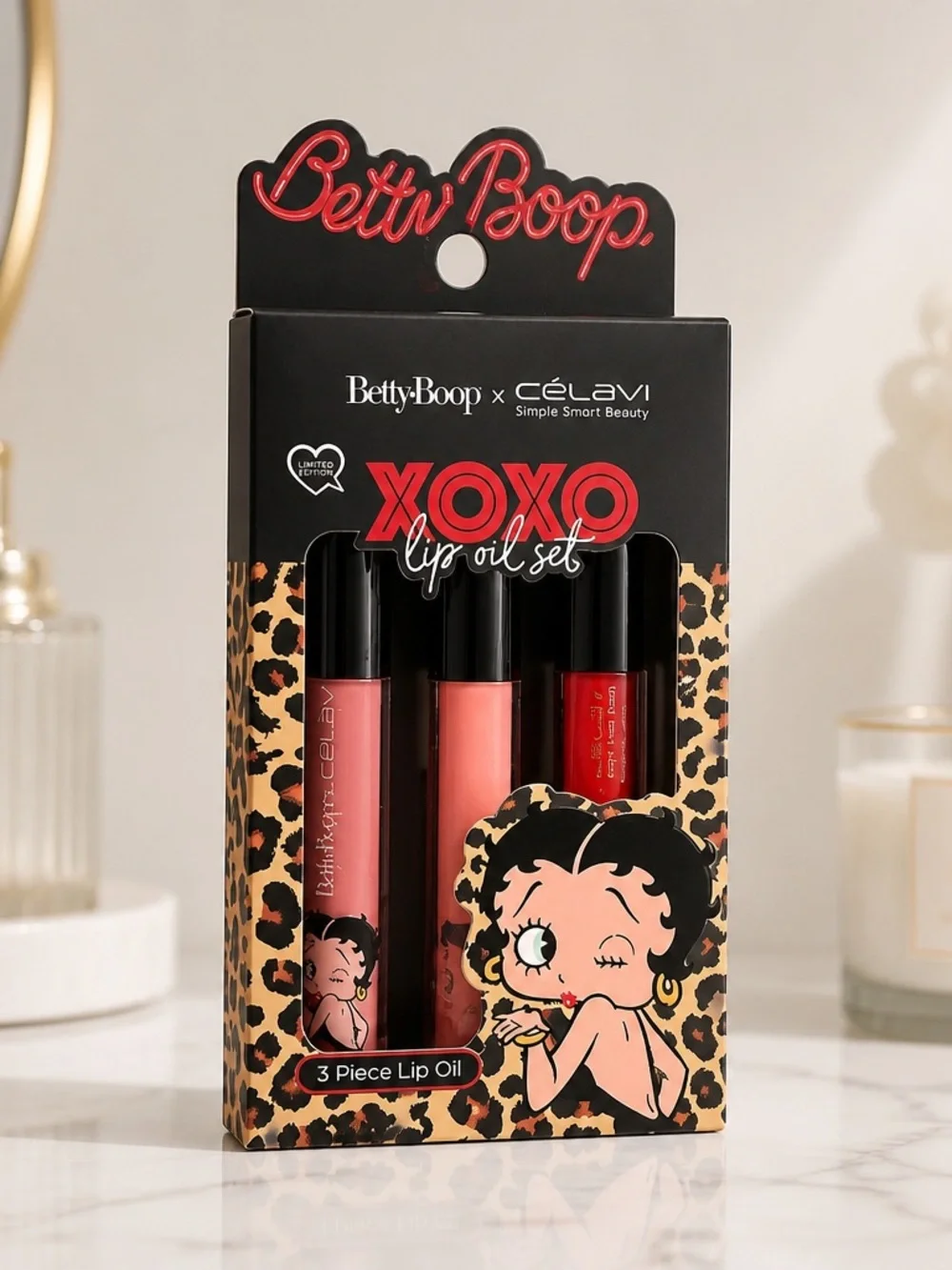 Betty Boop XOXO Lip Oil Set 3 Piece Pink Coral Red Collection